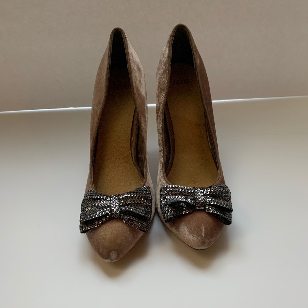 ASOS Shoes tan velvet pumps with silver sparkles bows
